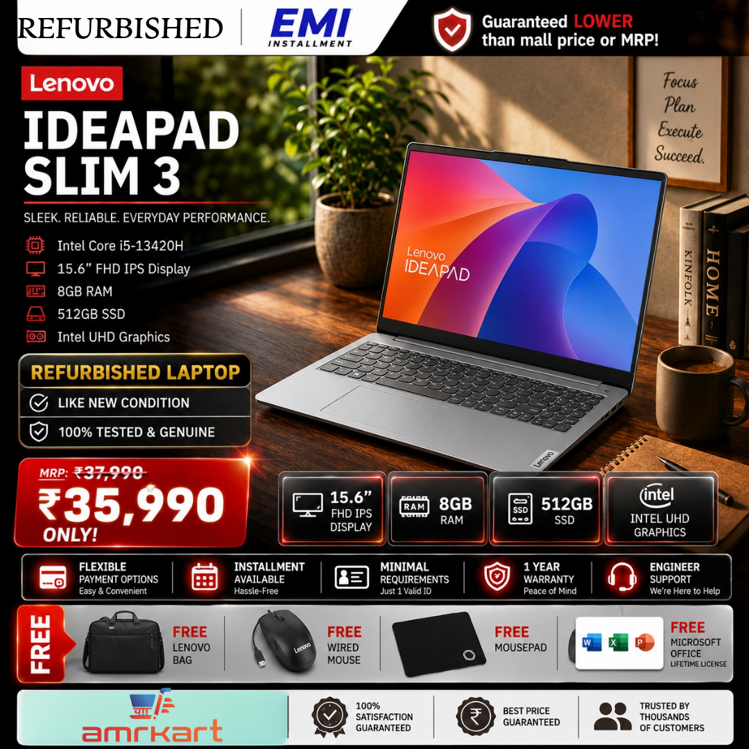 premium Refurbished laptops and computers from AMRKART. Flexible monthly plans, doorstep setup, and professional IT support for businesses, startups, and individuals across India.