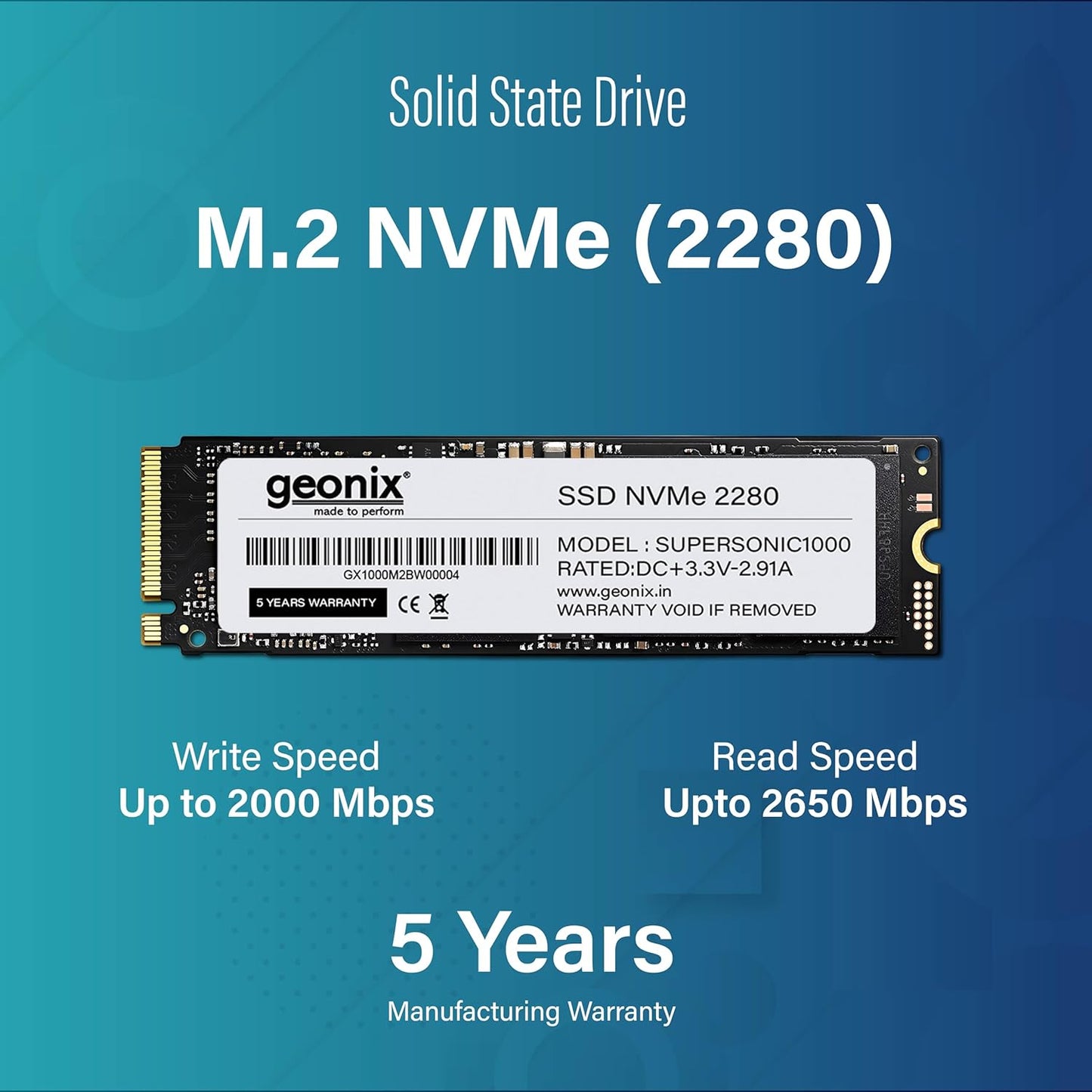 GEONIX 512GB M.2 NVMe SSD, 2280 SATA III (6Gb/s), Read Speed – Up to 2650 Mbps, Write Speed – Up to 2000 Mbps, Internal Solid State Drive(SSD), (5years Warranty)